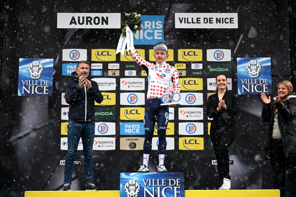 AURON FRANCE MARCH 15 Thomas Gachignard of France and Team TotalEnergies celebrates at podium as Polka dot Mountain Jersey winner during the 83rd Paris Nice 2025 Stage 7 a 1093km stage from Nice to Auron 1603m UCIWT on March 15 2025 in Auron France Photo by Dario BelingheriGetty Images