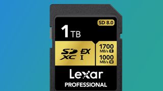 A 1TB Lexar Gold SD card on a blue and green background