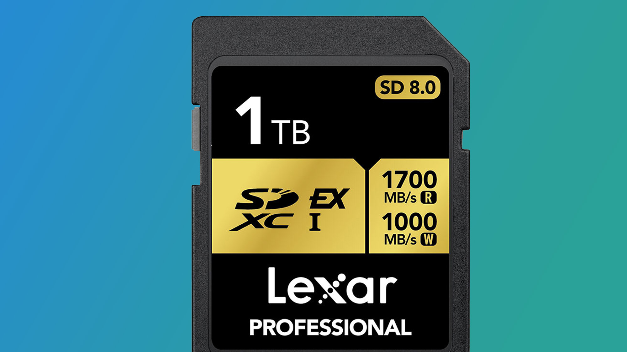 A 1TB Lexar Gold SD card on a blue and green background