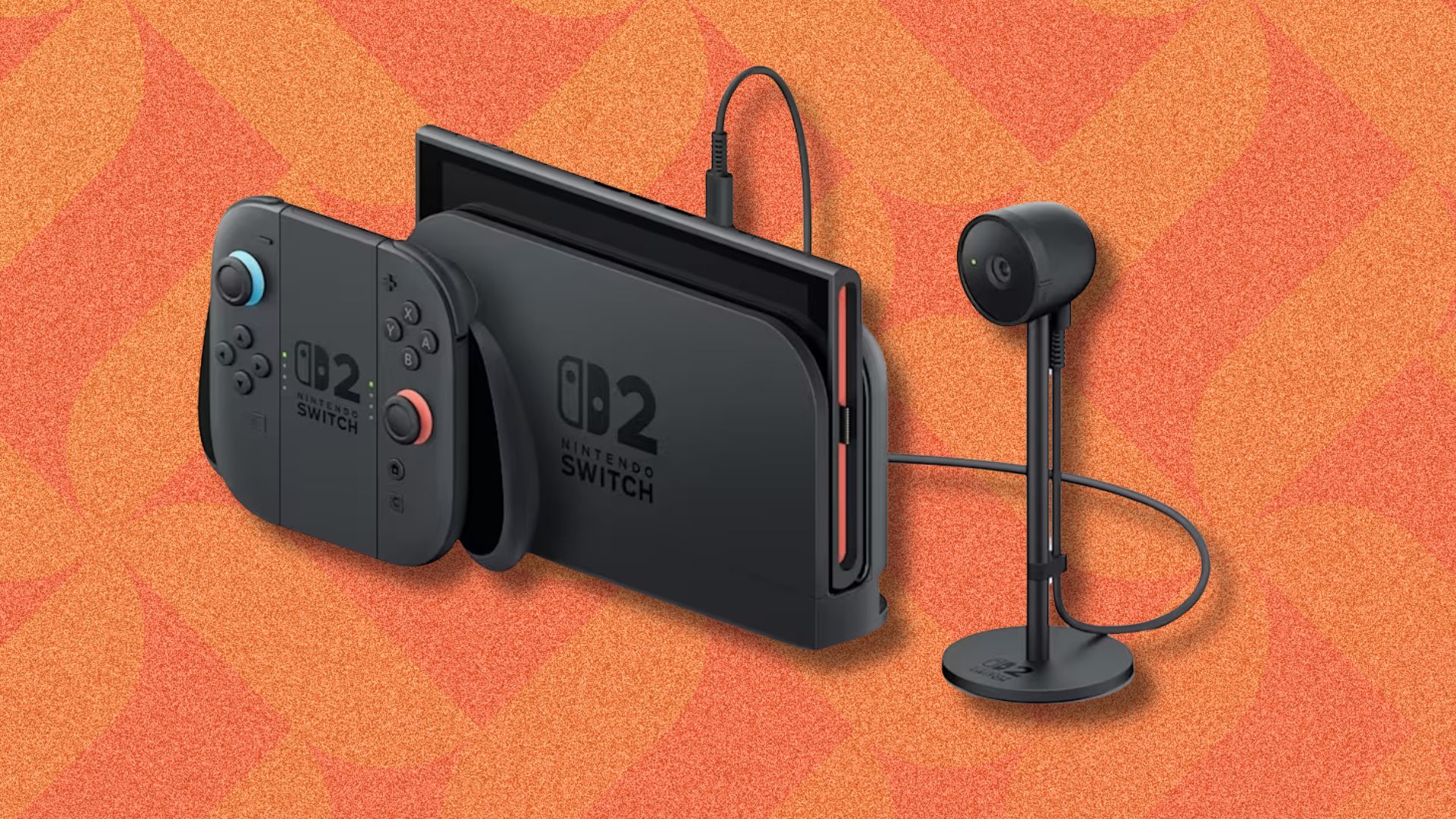an image of the nintendo switch 2 console, dock, and webcam against an orange patterned background