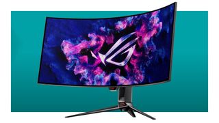 An image of an Asus ROG Swift OLED PG39WCDM ultrawide curved gaming monitor against a teal background with a white border