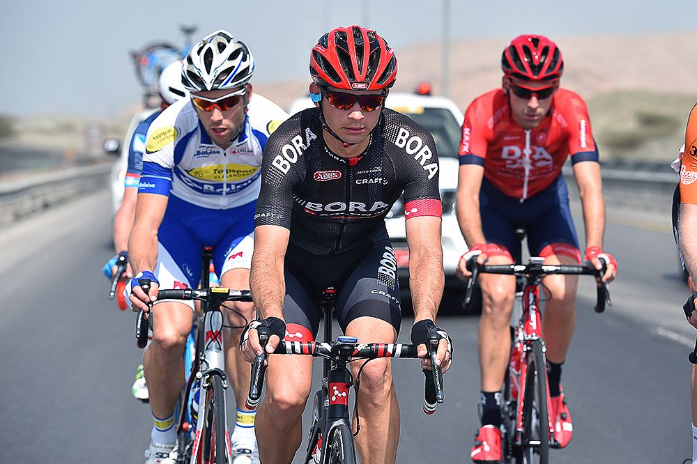 Christoph Pfingsten leads the breakaway during stage 1 in Oman.