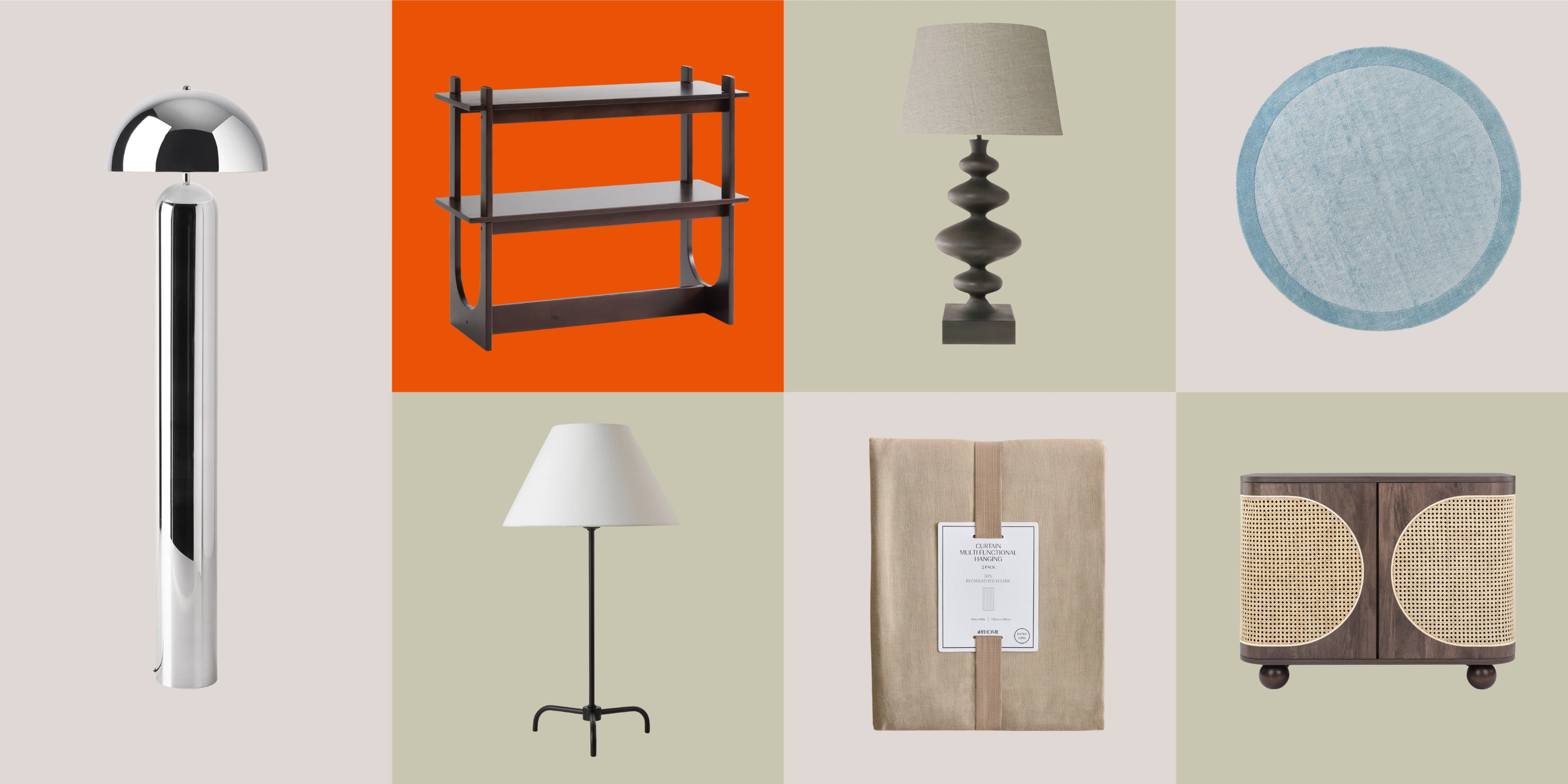 Product grid of oversized home d&eacute;cor pieces including floor lamps, shelving, curtains, rugs, and storage furniture illustrating the design trend of sizing up statement pieces in modern interiors.