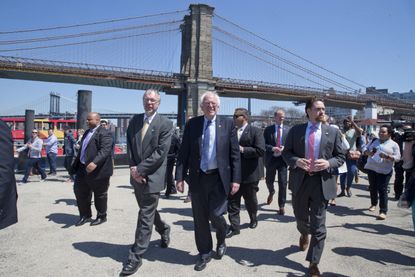 Bernie Sanders walks through Brooklyn Bridge park 