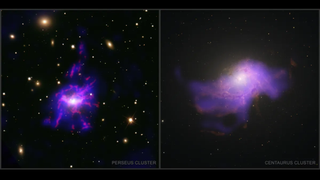 A comparison between the galaxy clusters Perseus and Centauru. The glowing white dots are black holes.