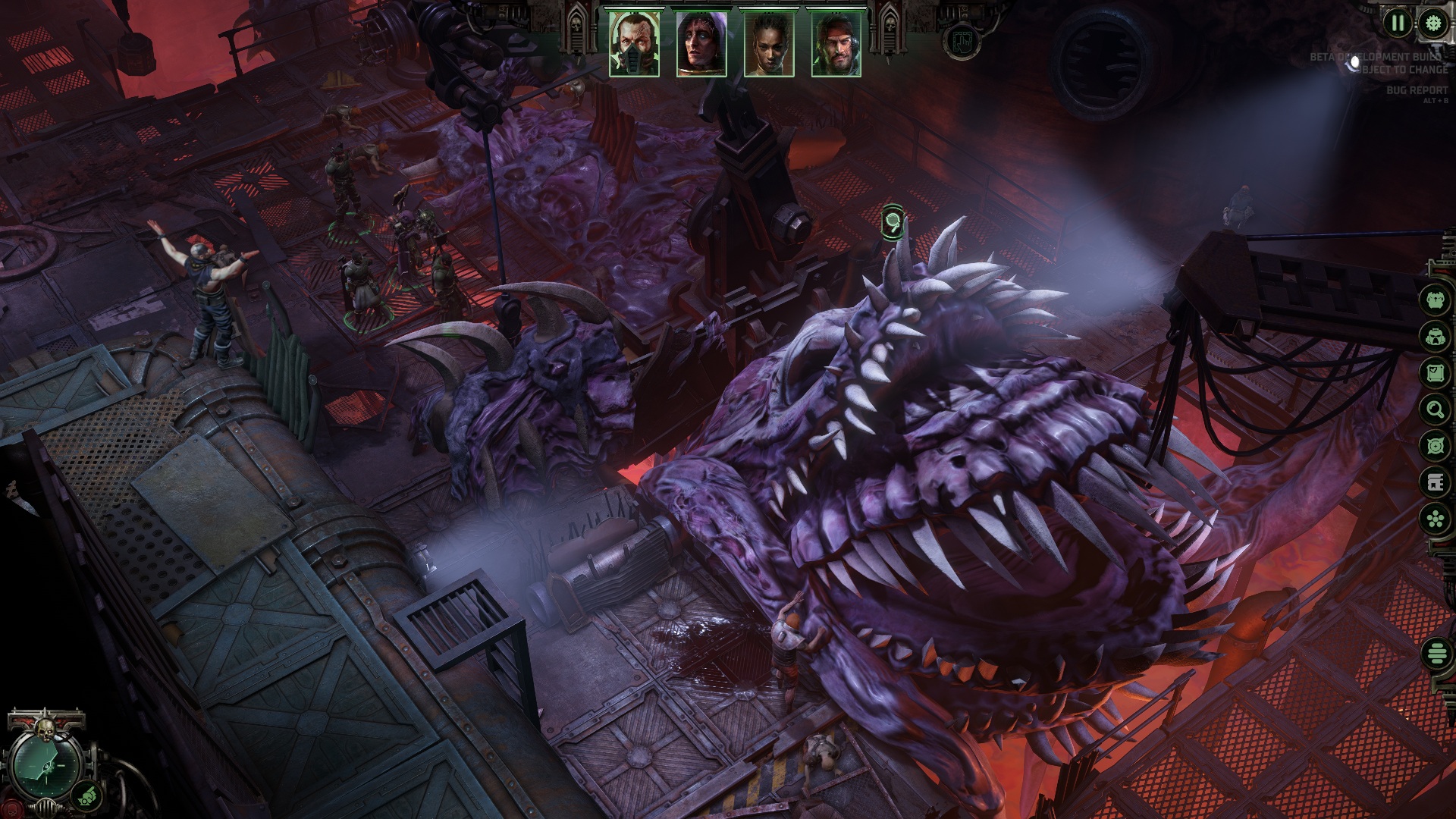 A group of armed characters face a massive, purple, dragon-like creature in a dimly lit, industrial environment. The scene is tense and dramatic.