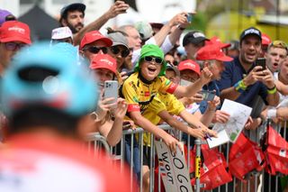 LAUSANNE SWITZERLAND JULY 09 Fans cheer prior to the 109th Tour de France 2022 Stage 8 a 1863km stage from Dole to Lausanne Cte du Stade olympique 602m TDF2022 WorldTour on July 09 2022 in Lausanne Switzerland Photo by Alex BroadwayGetty Images