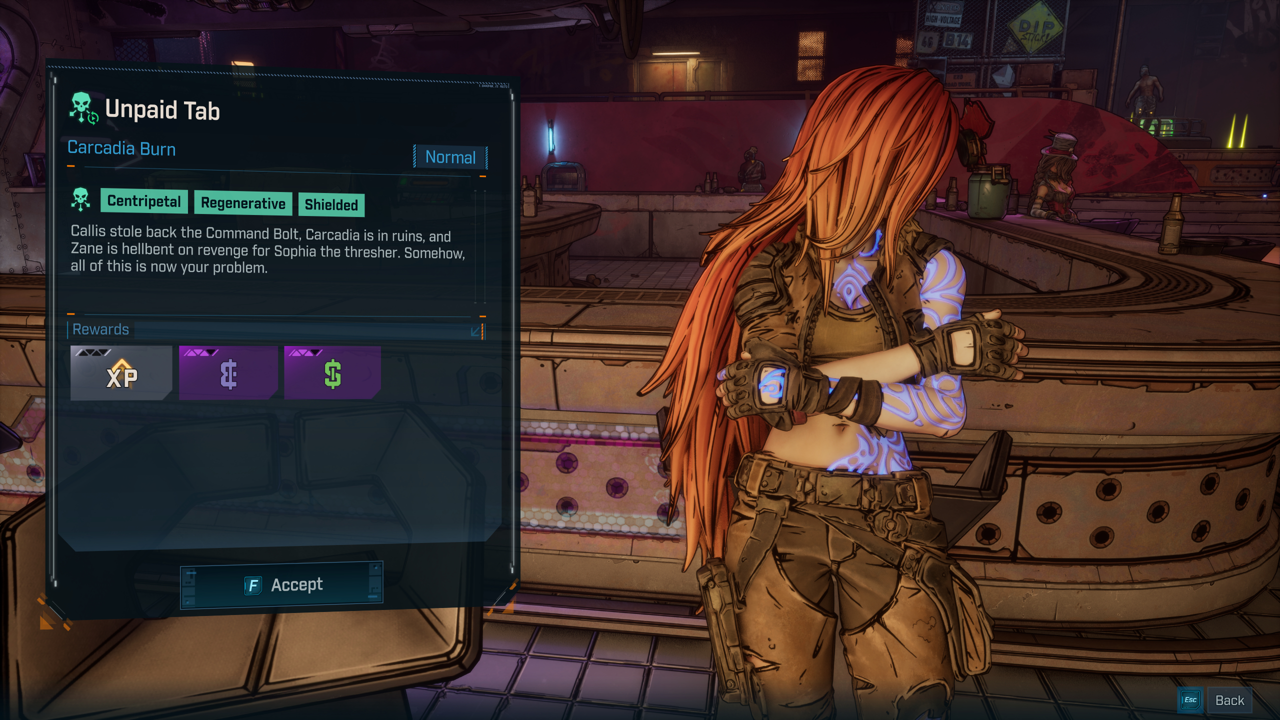 Borderlands 4 endgame Wildcard modifiers: The Wildcard mission interface when interacting with Lilith inside the bar, with the mission info to her left.