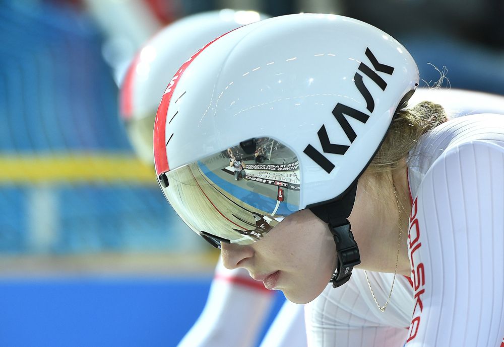 Poland's Marlena Karwacka gets ready to take part in the Women's Team Sprint qualifying round during the UCI Track Cycling World Championships