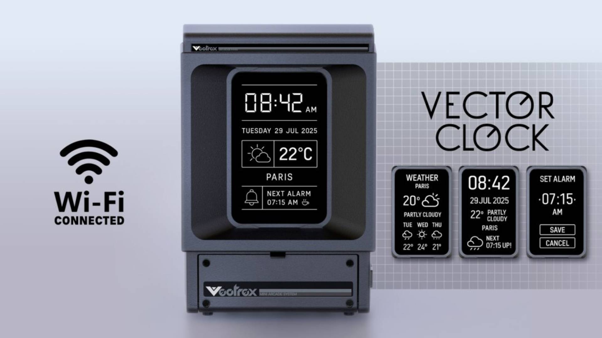 Vectrex Mini graphic detailing clock function next to Wi-Fi symbol.