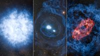 Three space images showing glowing white star explosion, blue rings, and a red core of matter