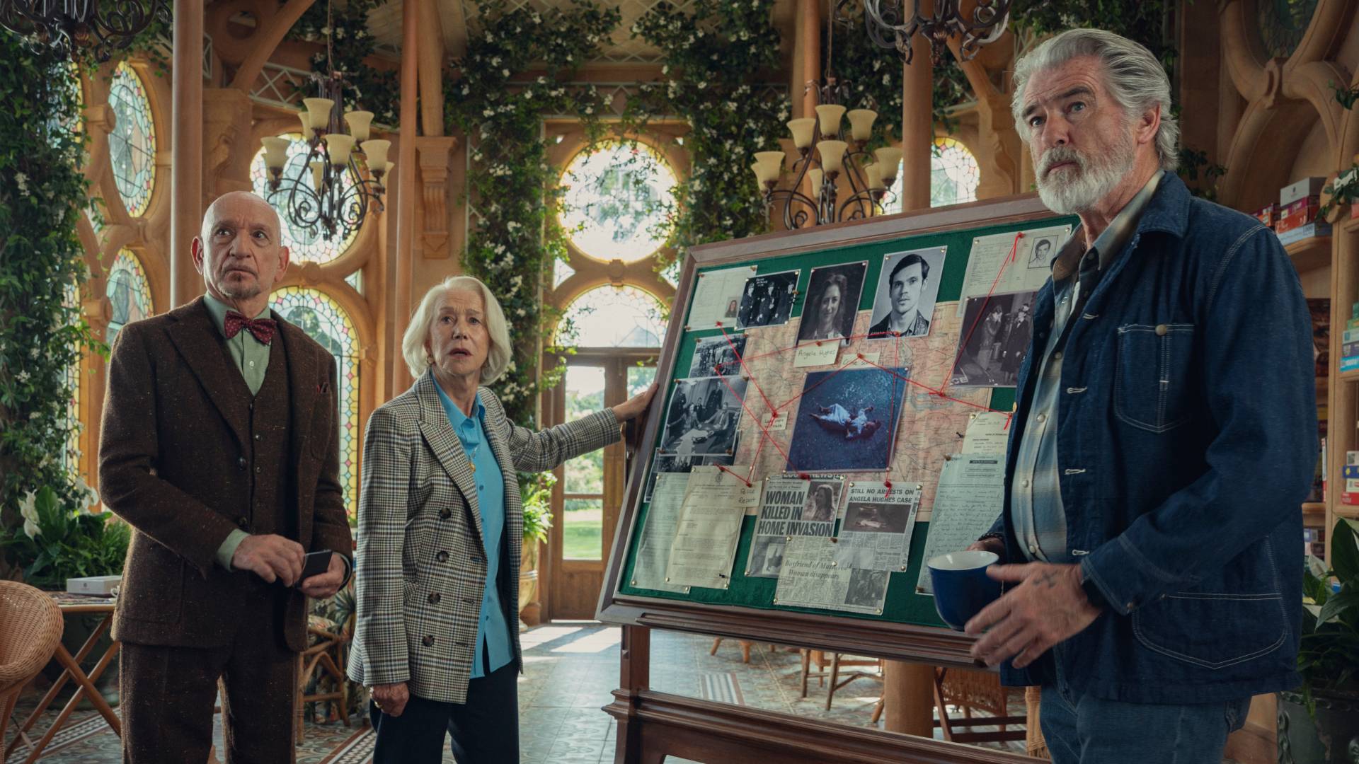 Ben Kingsley, Helen Mirren and Pierce Brosnan in The Thursday Murder Club