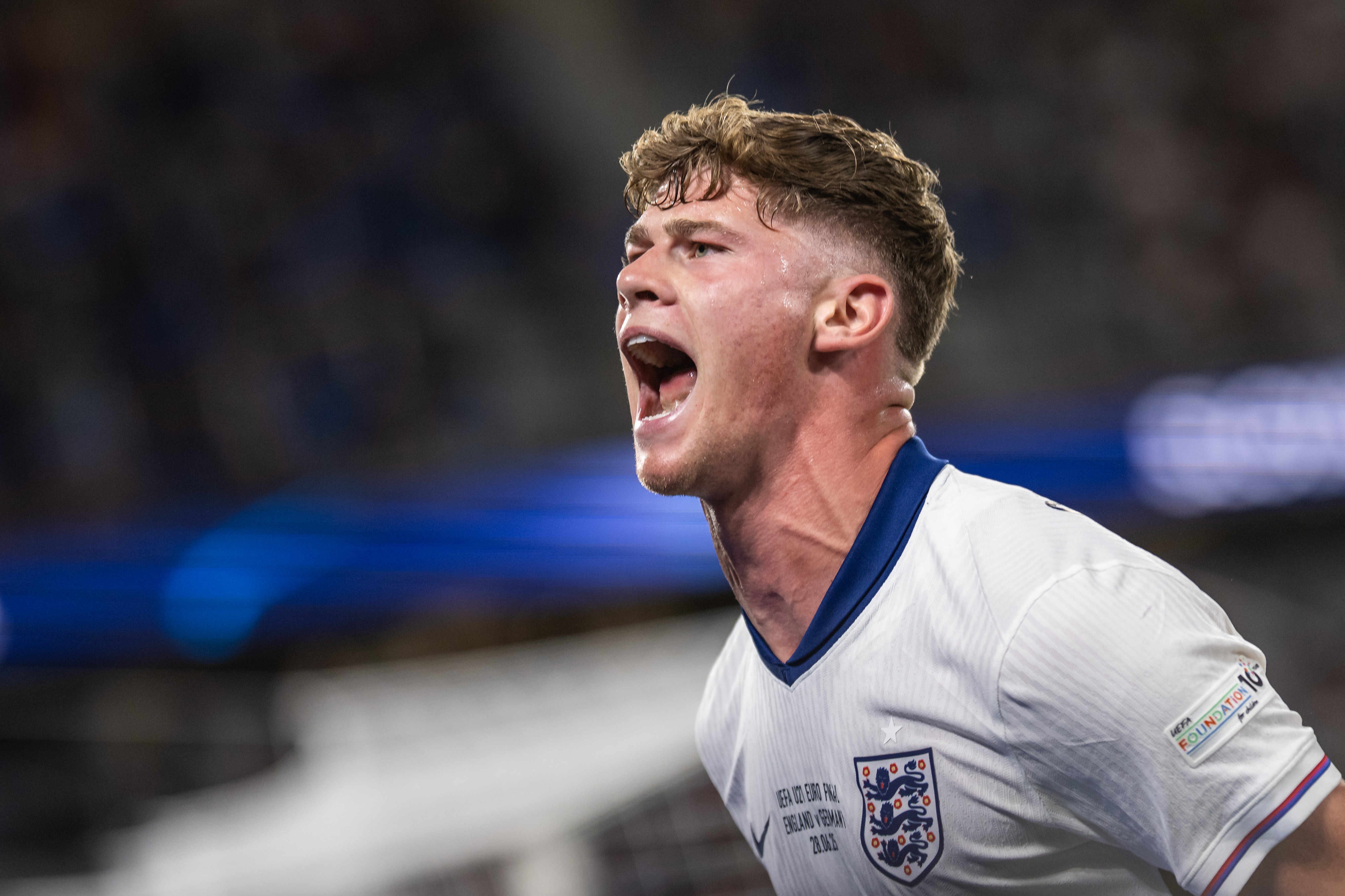 BRATISLAVA, SLOVAKIA - JUNE 28: Charlie Cresswell of England reacts during the UEFA European Under-21 Championship 2025 Final match between England and Germany at National Football stadium on June 28, 2025 in Bratislava, Slovakia. (Photo by Christian Bruna/Getty Images)