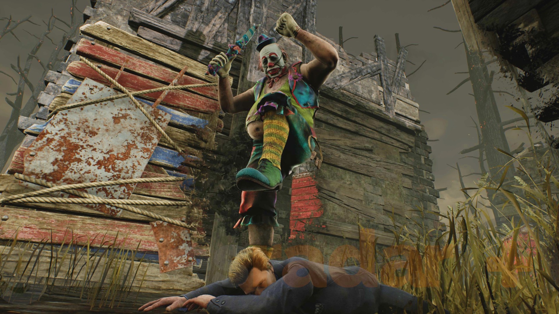 The Clown, one of the many DBD killers, brings his foot down to stomp on the head of a victim.