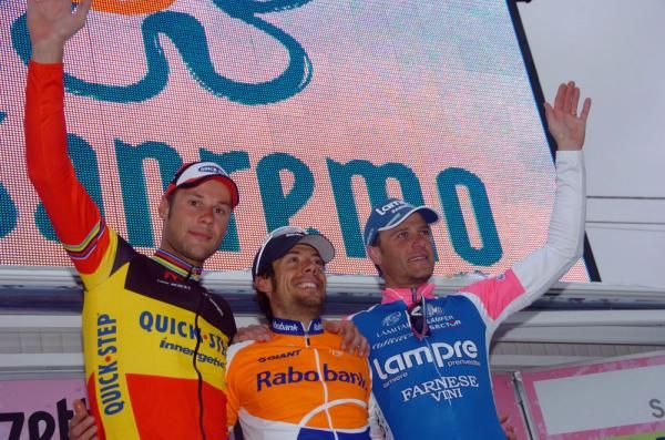 Tom Boonen (2nd, Quick Step), Oscar Freire (1st, Rabobank) and Alessandro Petacchi (3rd, Lampre-Farnese Vini)