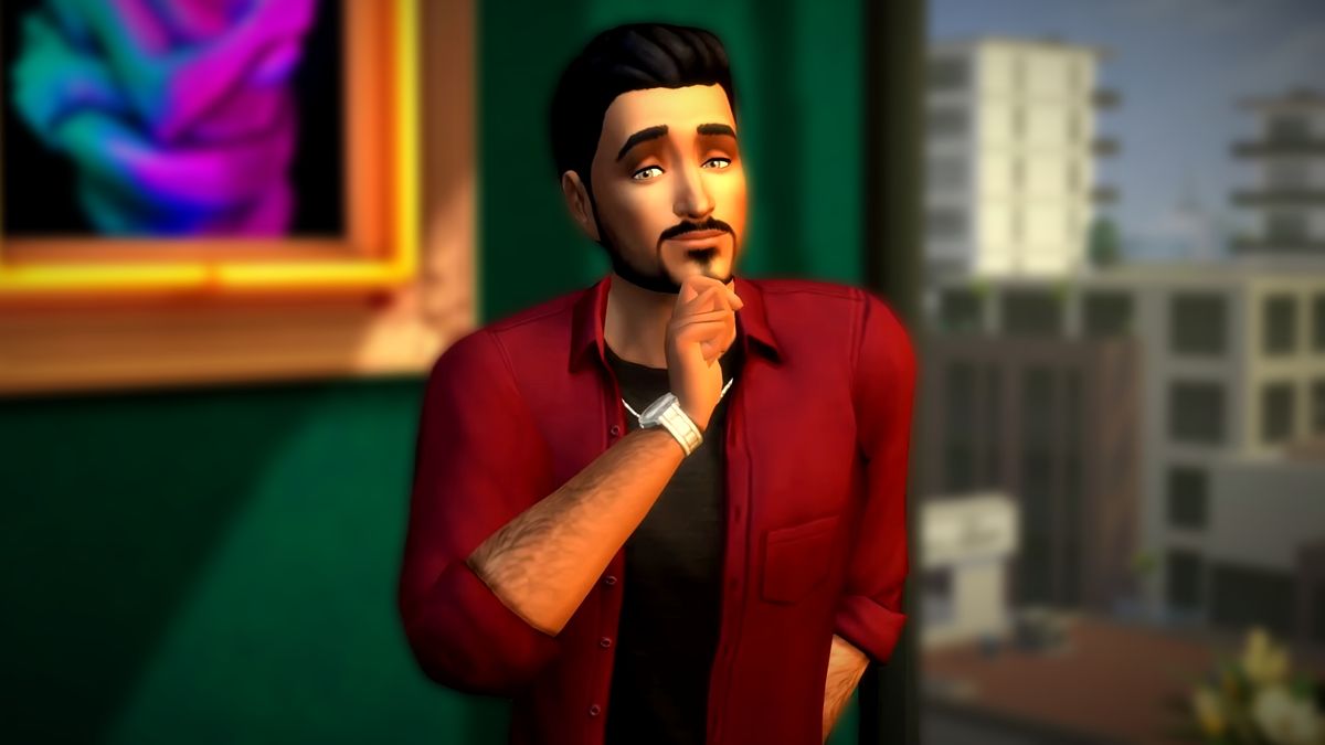 The Sims 4 Lovestruck gameplay reveal trailer screenshot showing an adult man with short black hair and a moustache smiling, his hand against his chin as though he&#039;s deep in thought