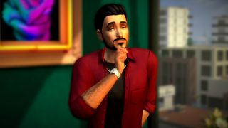 The Sims 4 Lovestruck gameplay reveal trailer screenshot showing an adult man with short black hair and a moustache smiling, his hand against his chin as though he's deep in thought
