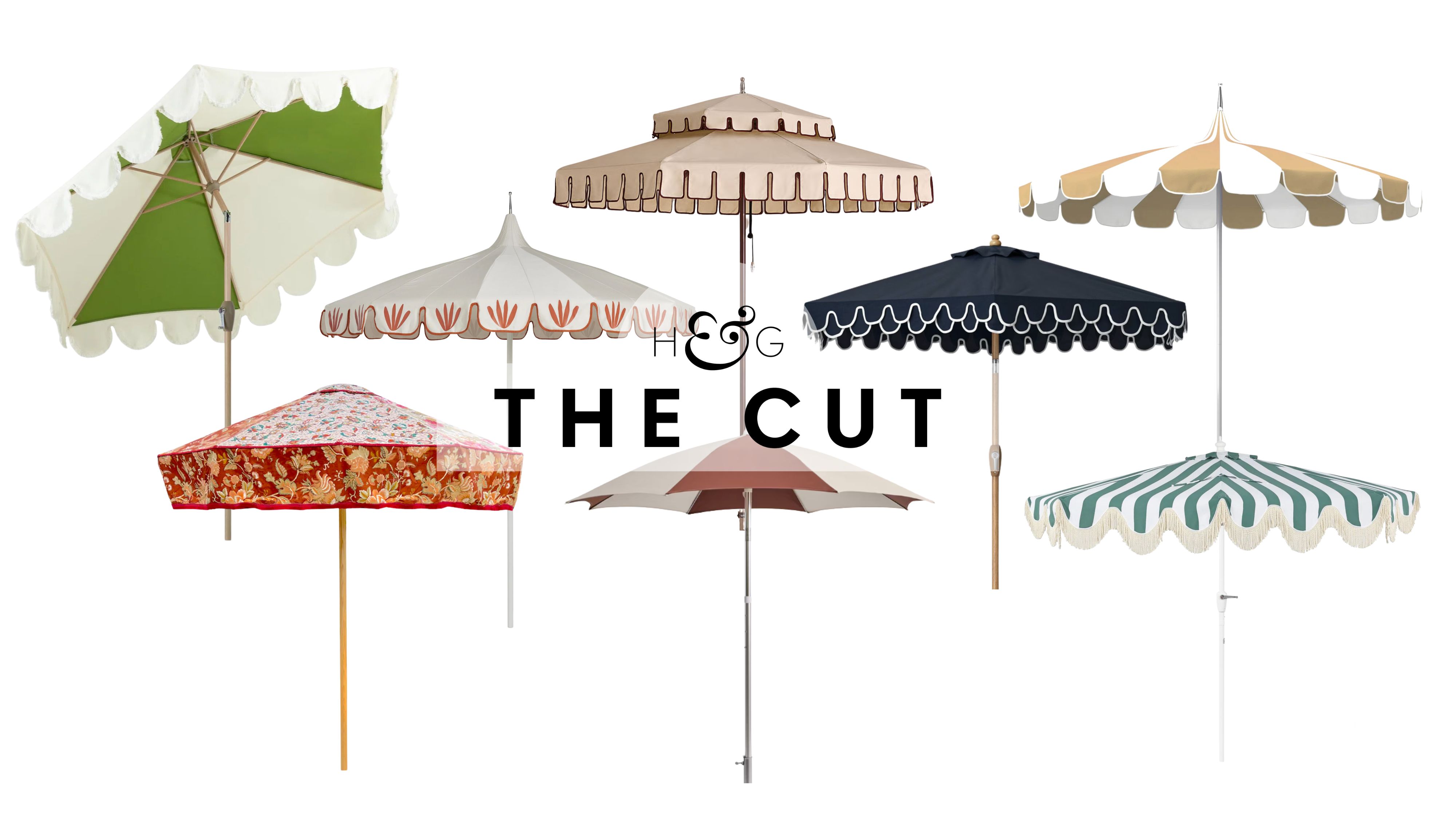Outdoor umbrellas, featuring styles including details such as fringe, scallops, stripes, and florals, pictured against a white background