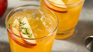 Mulled apple cider in glass with ice and apple slices to garnish