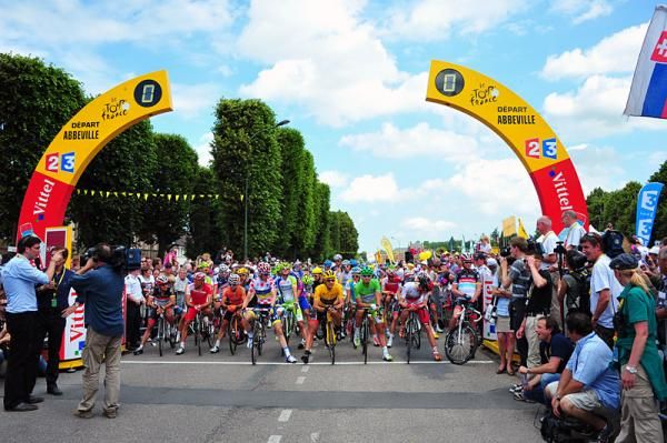 The Tour peloton lined up for the start in Abbeville.
