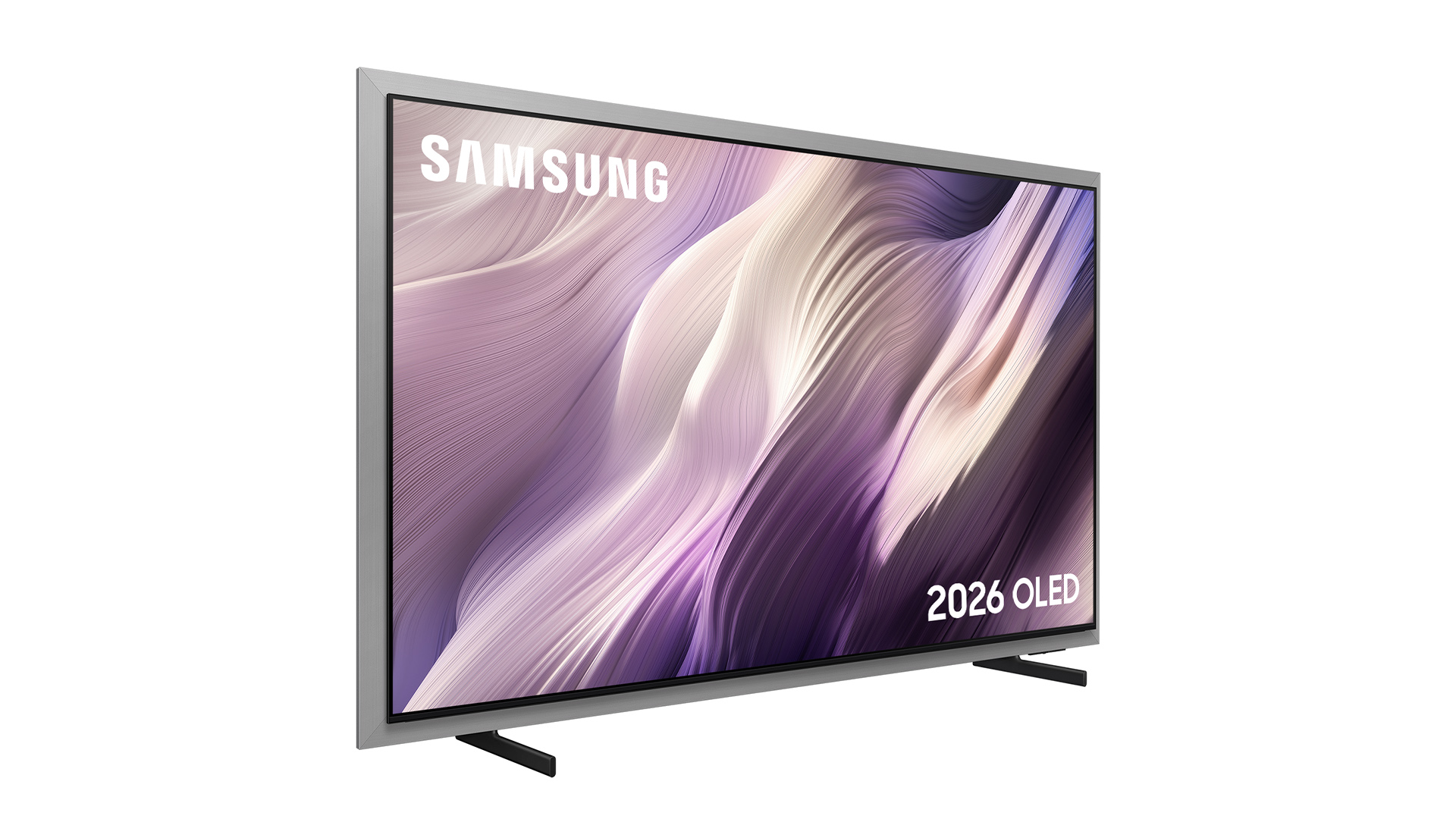 Samsung S99H 55-inch OLED TV cut out on white background with Samsung 2026 OLED and pattern on screen