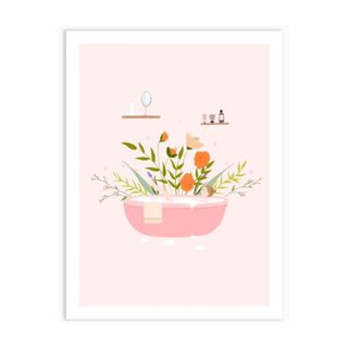 A pink bath tub with flowers in art print