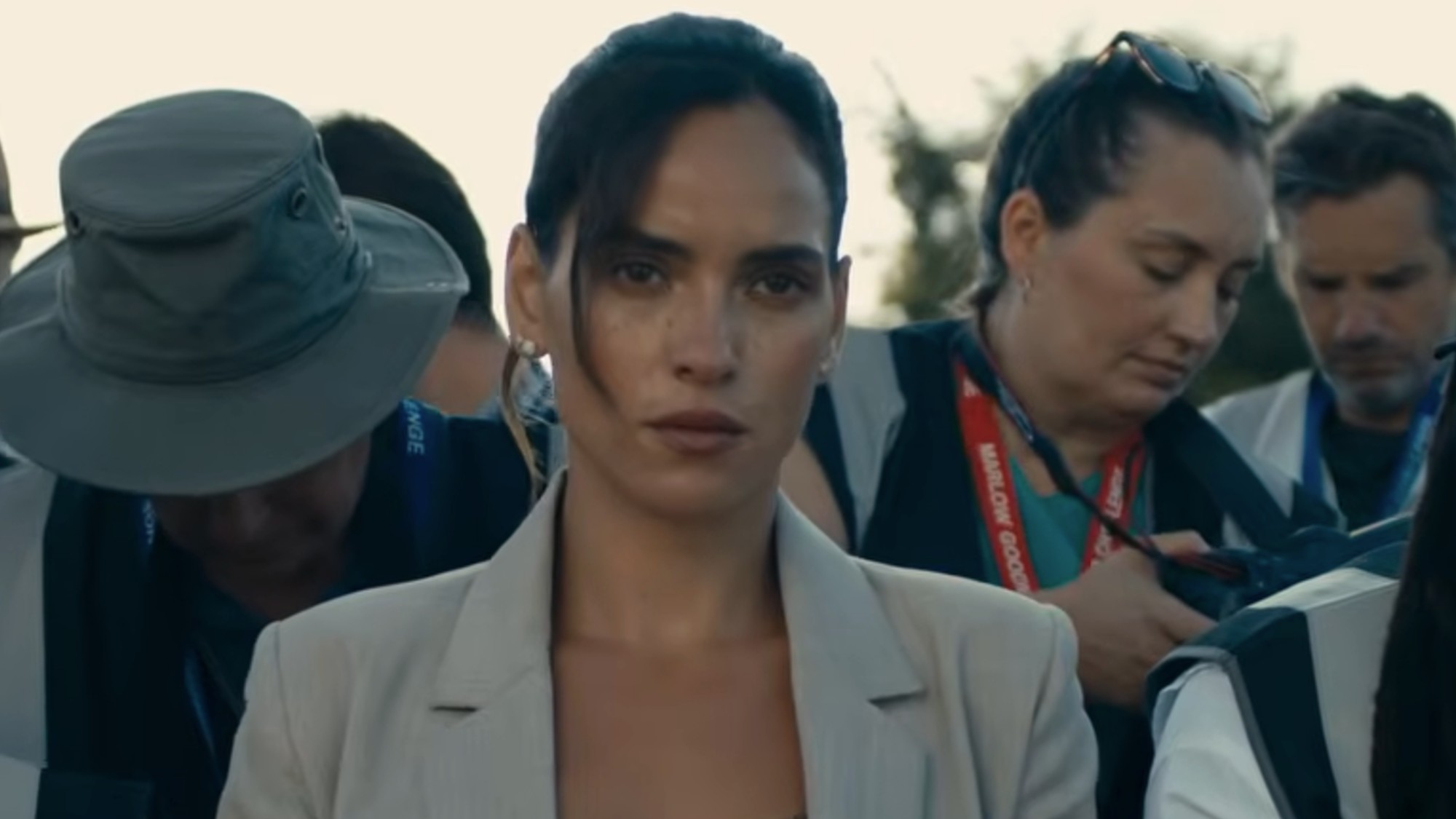 Adria Arjona looking very serious in The Thomas Crown Affair