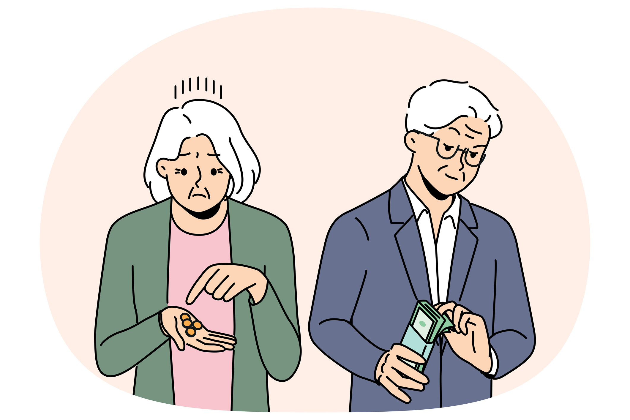Pensioners holding different amounts of money