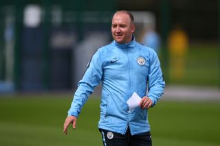 Nick Cushing the manager of Manchester City Women looks on during a training session ahead of the SSE Womens FA Cup Final at the Academy Stadium on May 02, 2019 in Manchester, England.