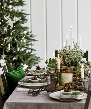 Christmas table centerpiece with linen cloth and heather basket