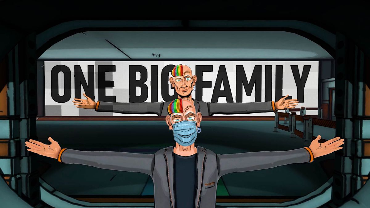 Jungle Corp leader standing in front of screen "One Big Family" with arms outstretched