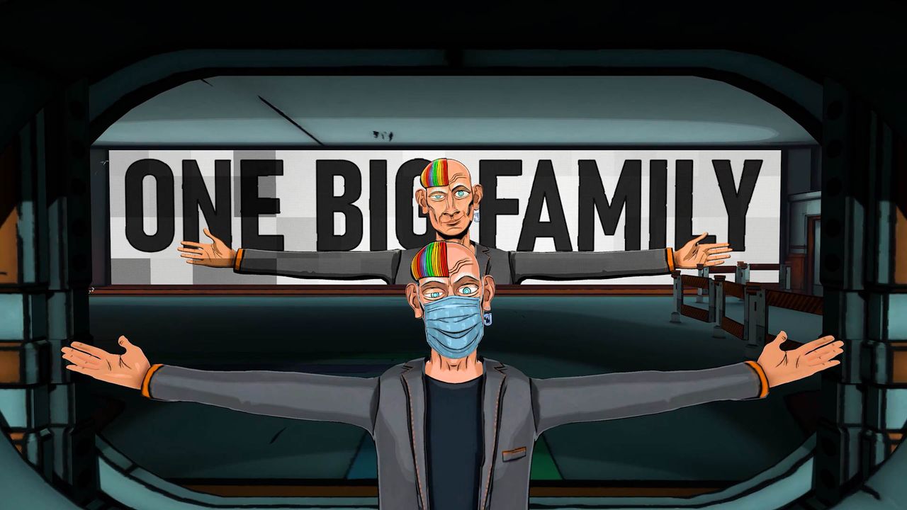 Jungle Corp leader standing in front of screen "One Big Family" with arms outstretched