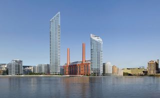 Chelsea Waterfront: Lots Road view of two residential towers next to river