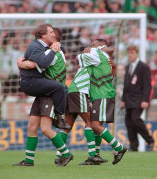 Celebrating Plymouth's 1-0 win over Darlington in the Third Division play-off final at Wembley in 1996