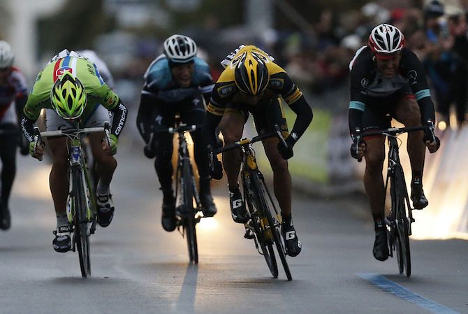 MTN-Qhubeka's Gerald Ciolek sprints to the win at the 2013 Milan-San Remo, ahead of Peter Sagan and Fabian Cancellara