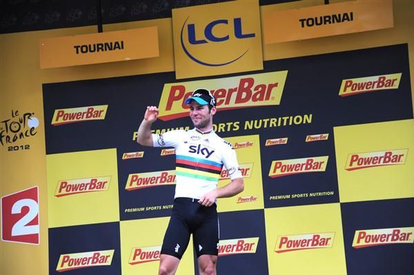 Cavendish celebrates after winning a thrilling sprint at stage 2 of the 2012 Tour de France