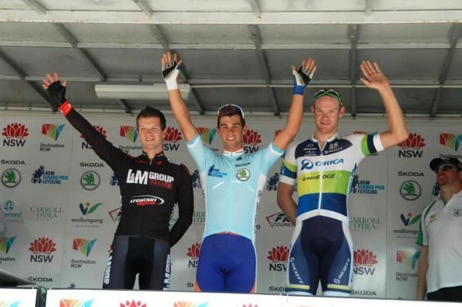 The men's podium; Aaron Gate (L and M Group Racing NZ), Michael Matthews (Rabobank) and Jens Mouris (Orica-GreenEdge)