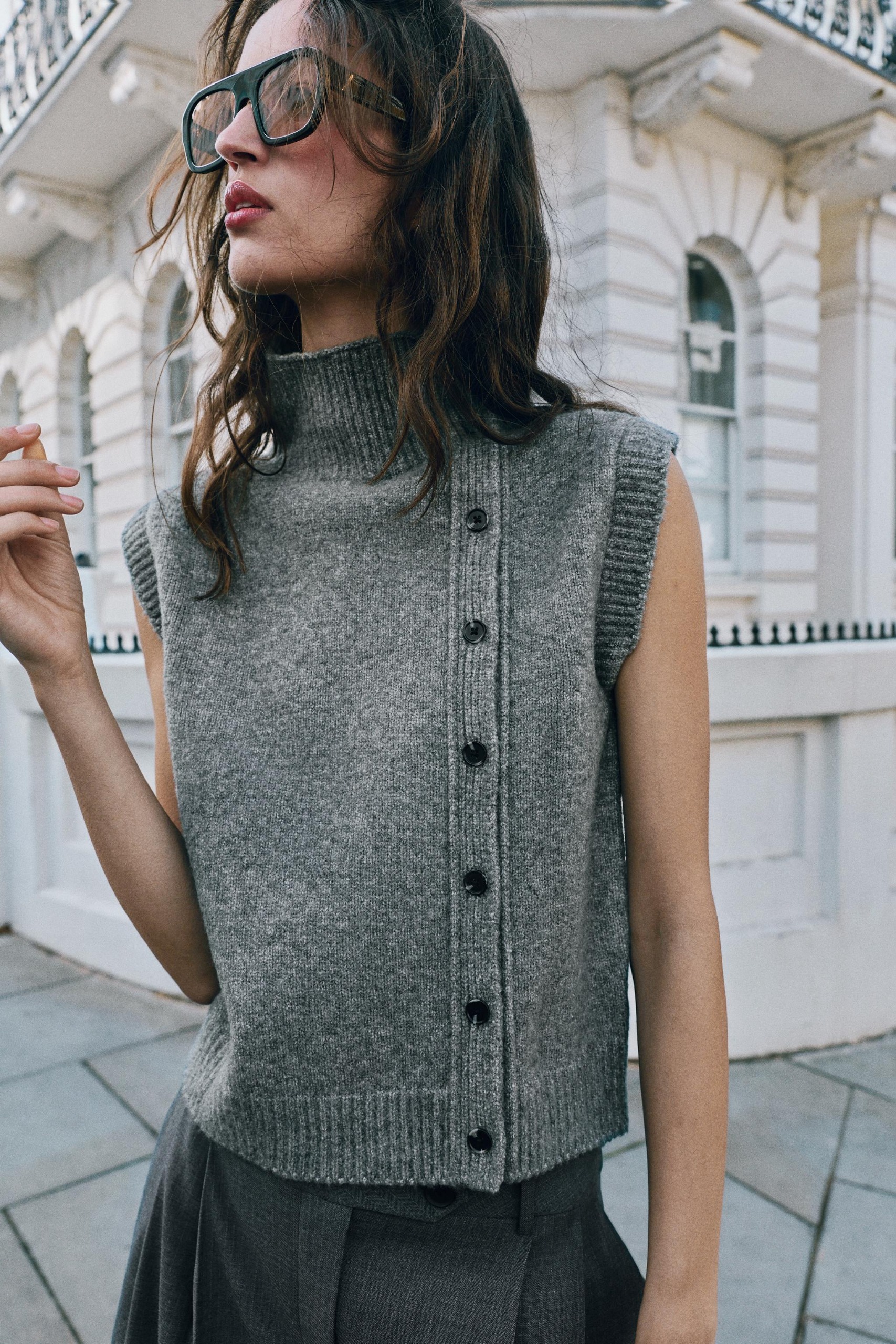 High Neck Knit Vest - Gray - S