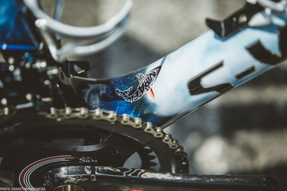 The shark logo features at the bottom of the down tube