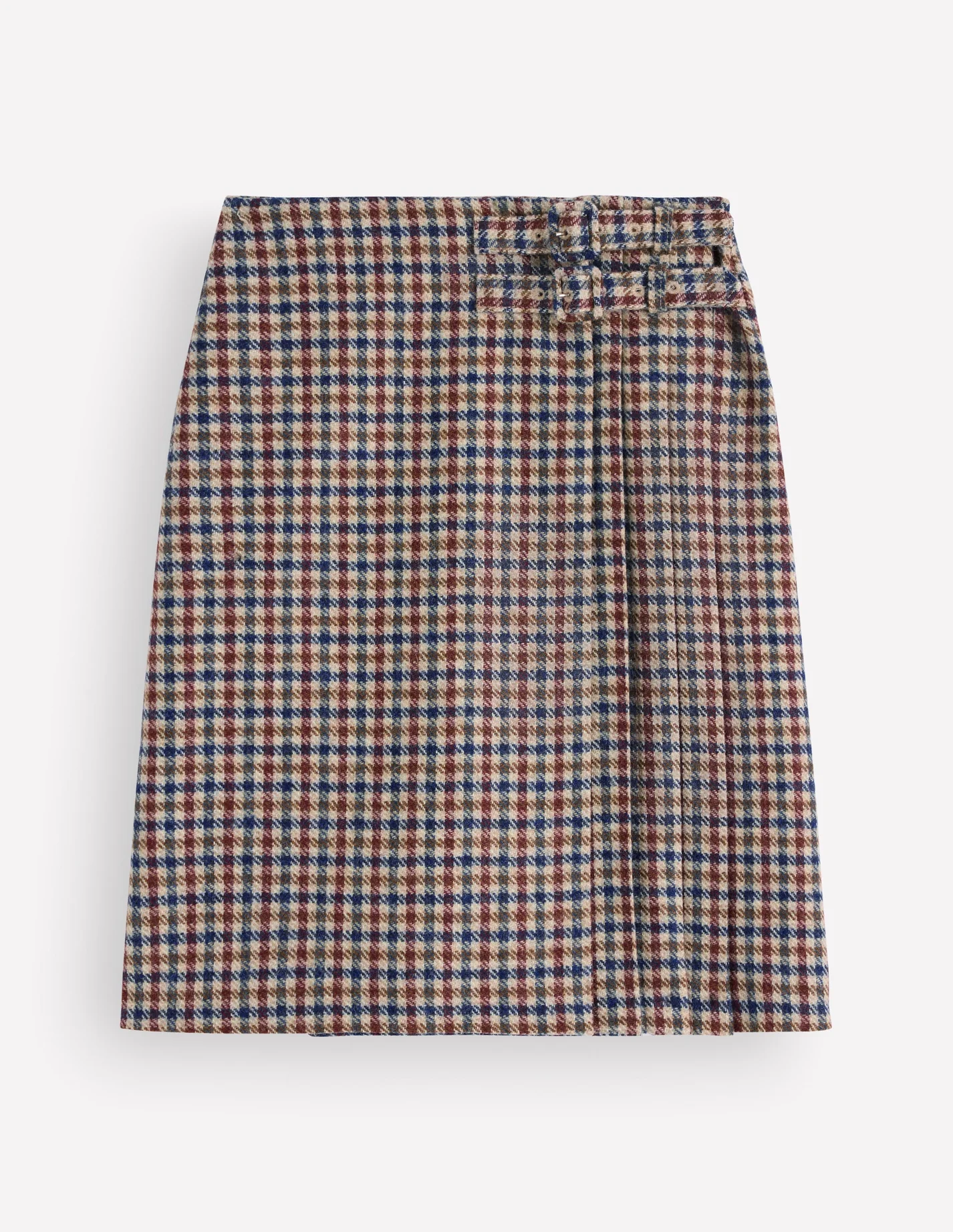 Boden, Vera Double Buckle Kilt-Ivory, Blue, Maroon Check