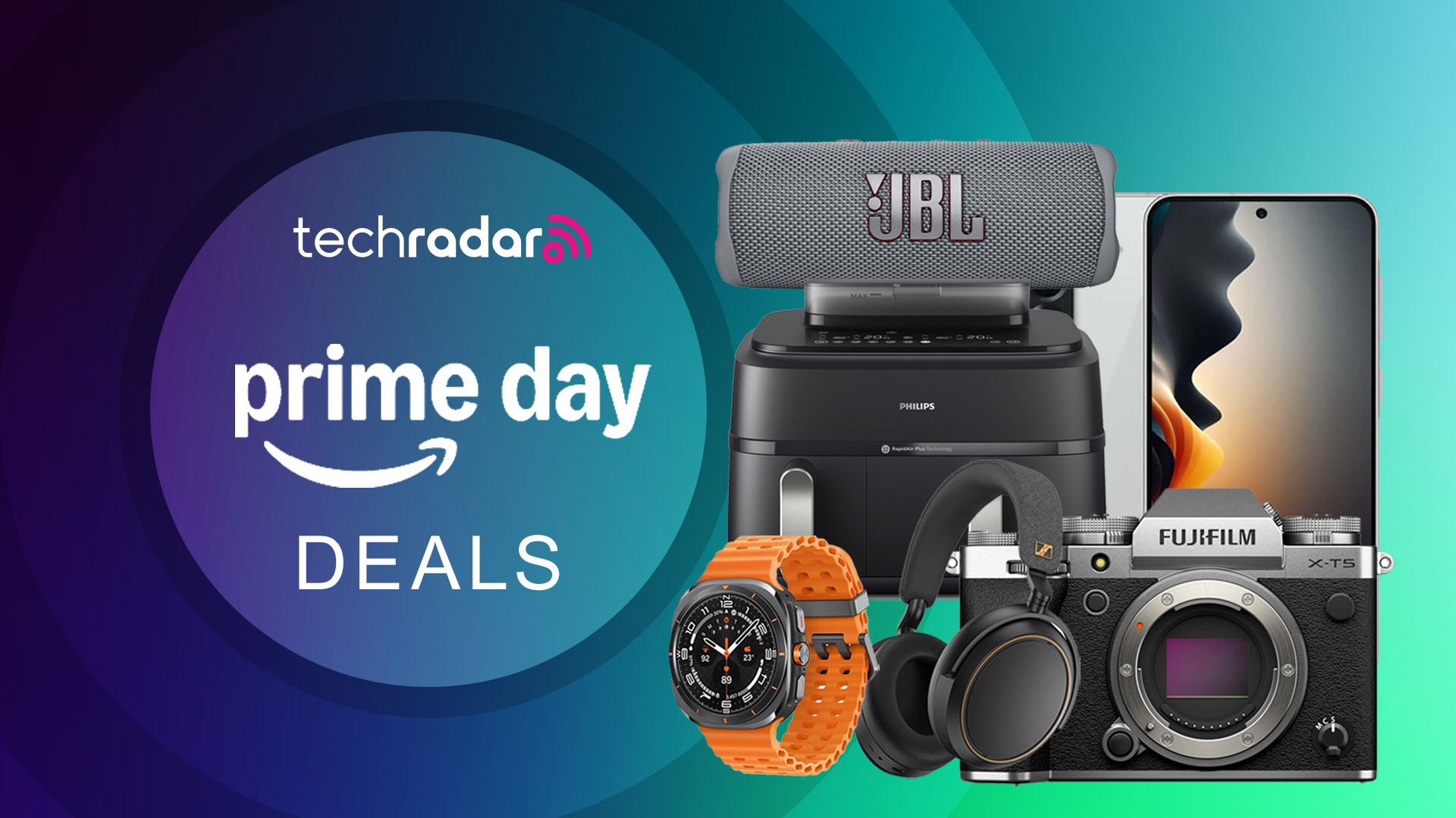 Assortment of tech on a gradient background with &quot;Prime Day Deals&quot; text.