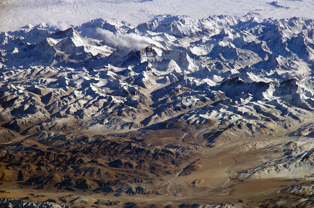 image of the Himalayas, including Mount Everest, taken from the International Space Station.