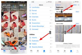 Screenshots from iPhone 14 Pro showing how to delete duplicate photos from iPhone