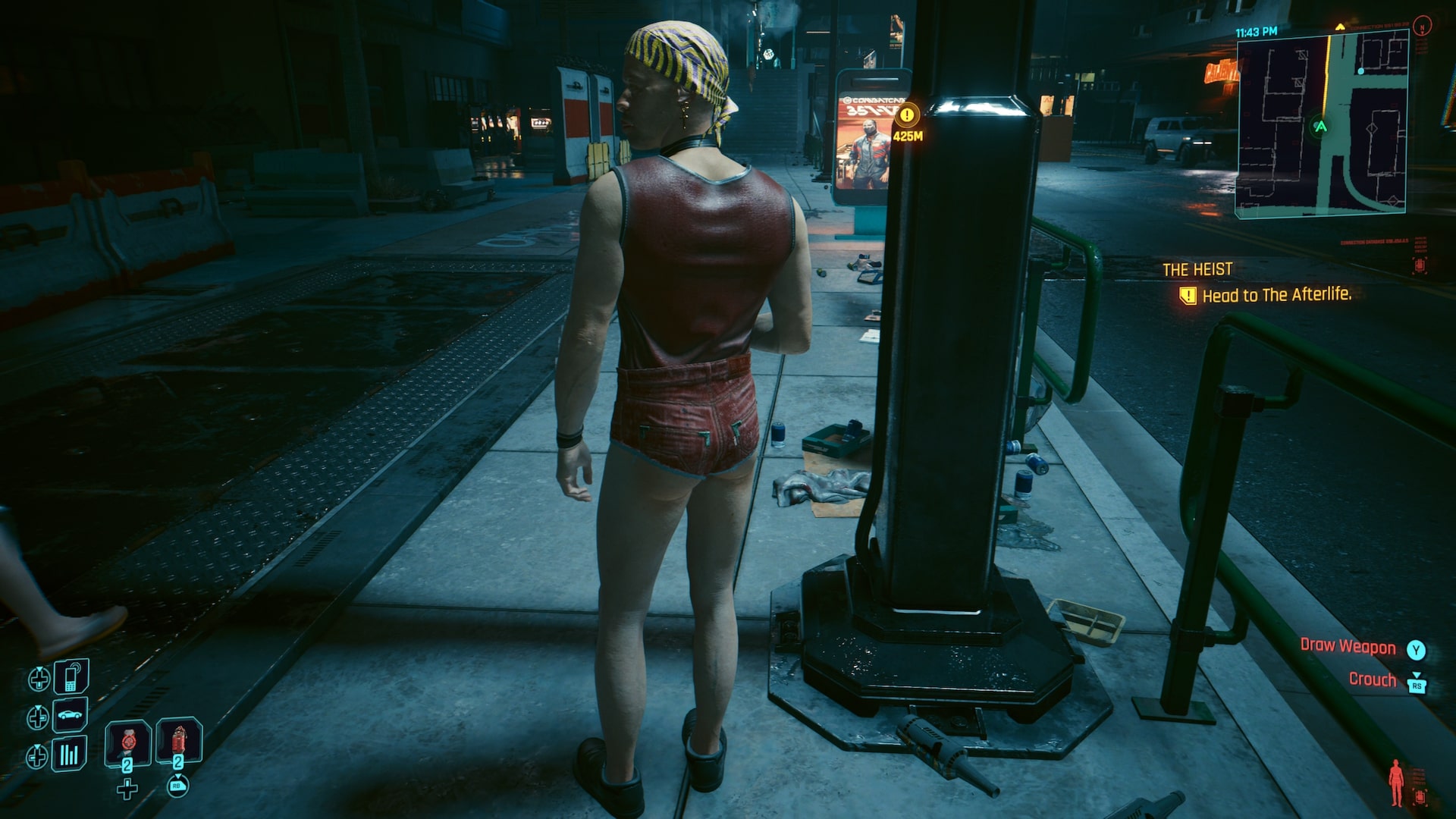 Cyberpunk 2077 screenshot of a man wearing short hotpants and a matching red tank top in Night City