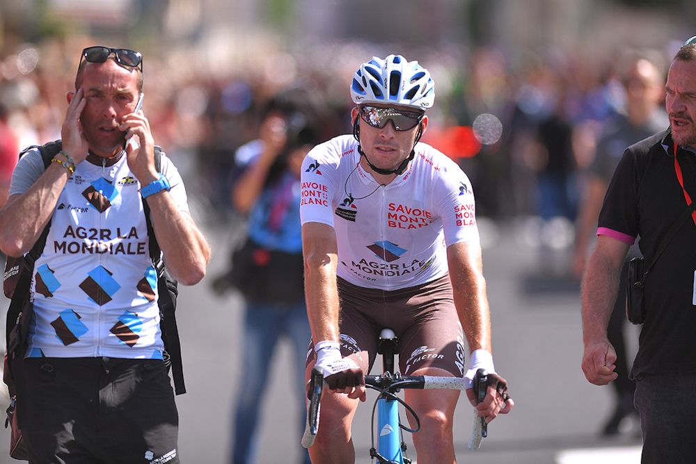 Pierre Latour in the white jersey of best young rider at Dauphine