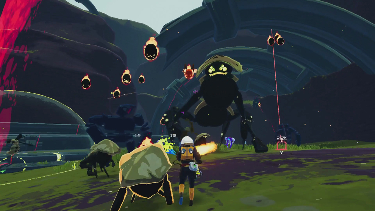 Still from the video game Risk of Rain 2. A person in an orange and black astronaut suit is battling against a giant ant-looking alien. There are several angry, flaming, little black creatures raining down on the player.