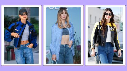 Hailey Bieber, Suki Waterhouse and Kendall Jenner pictured wearing denim jeans, sunglasses and jackets/ in a purple and pink template