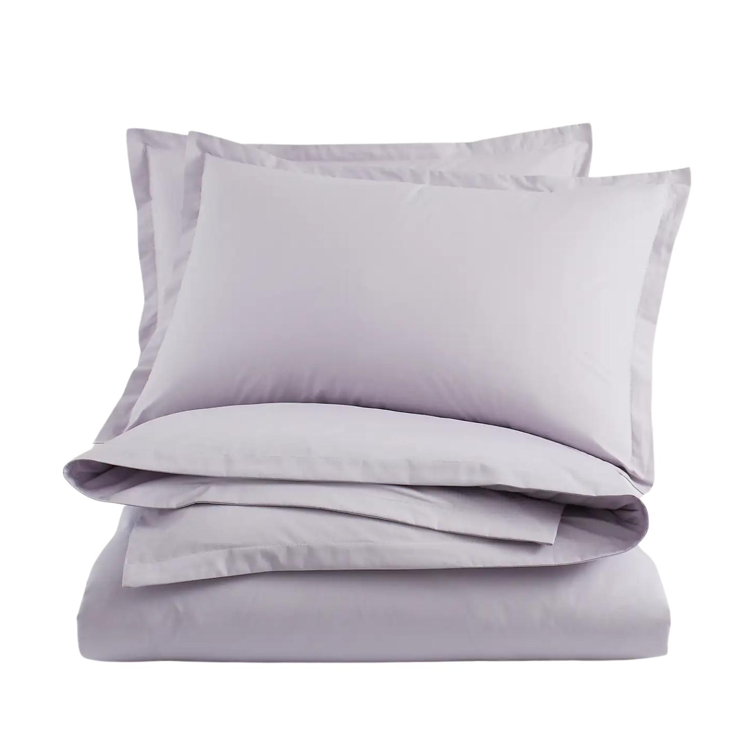 A pair of pillows on a folded lilac sheet