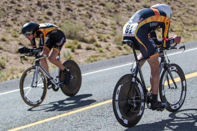Tom Zirbel (Optum) and teammate Chad Haga pass each other out on the course