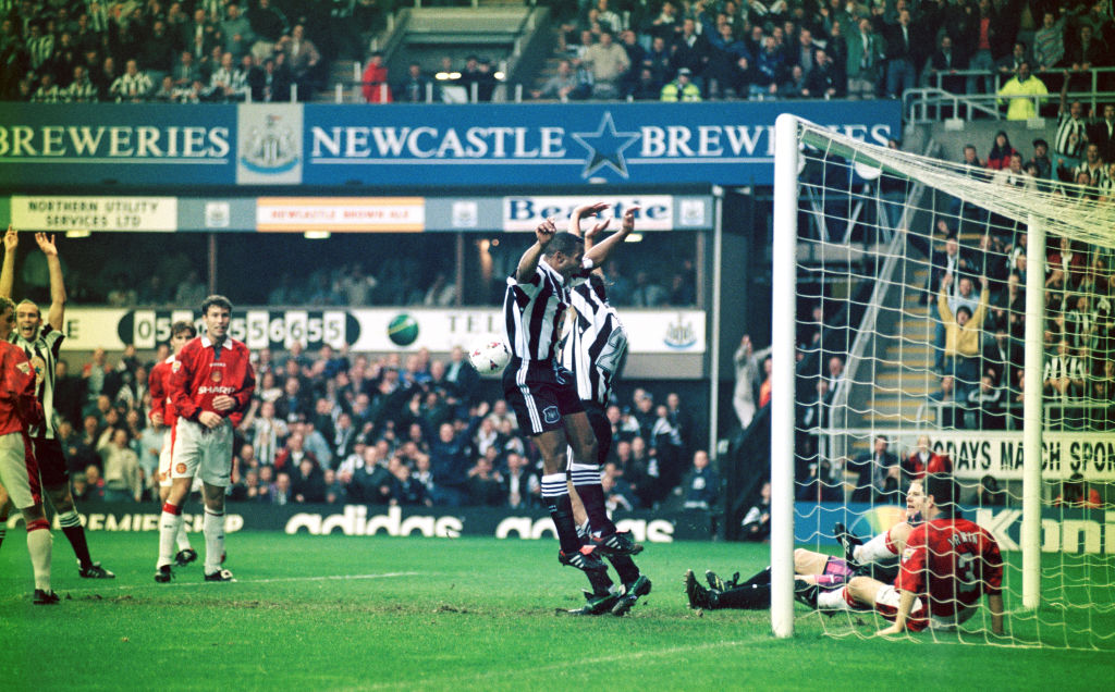 Newcastle United celebrate during their 5-0 victory over Manchester United in October 1996